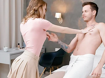 Naked lovers chat in sofa